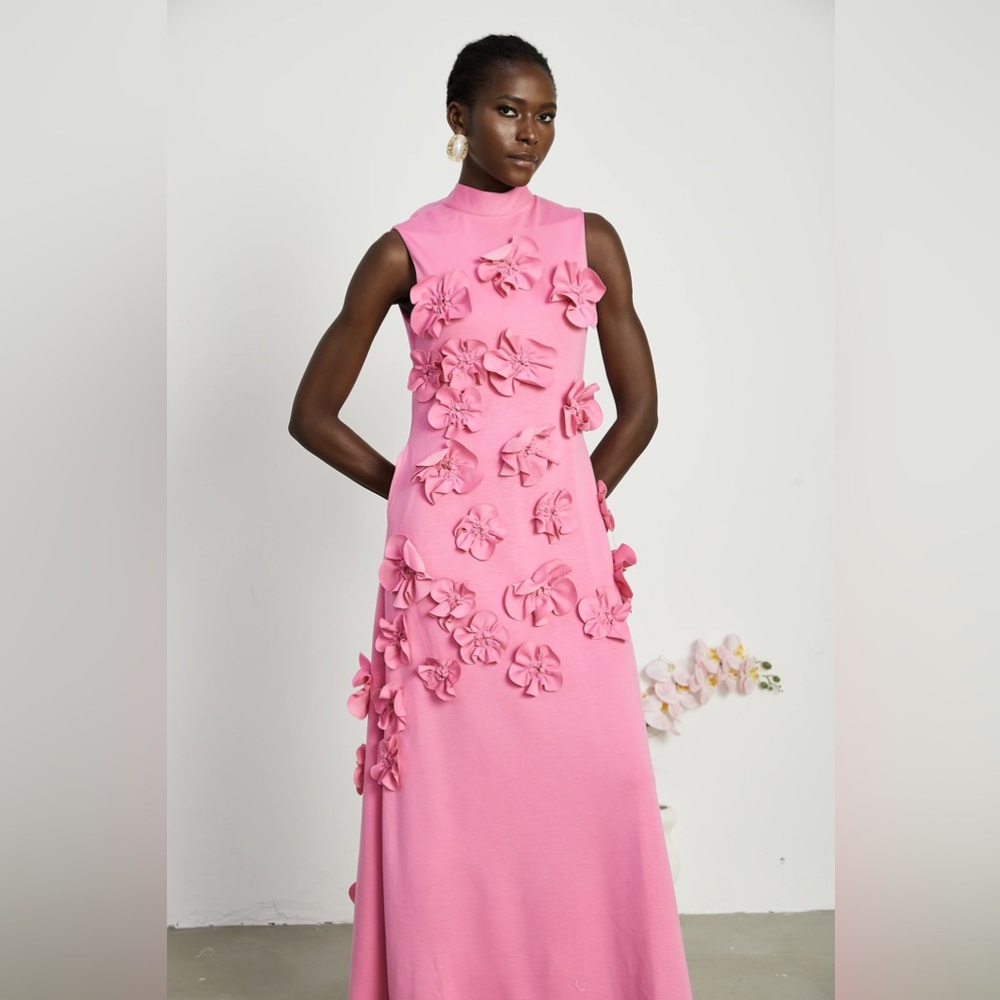 Elegant Pink Maxi Dress with Floral Accents
